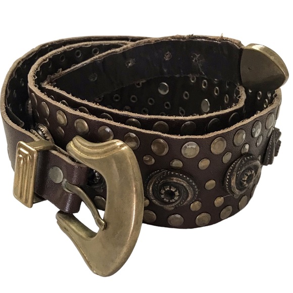 Studded Rosette Belt Brown Leather Brass Color Hardware Rustic Distressed - Picture 3 of 15